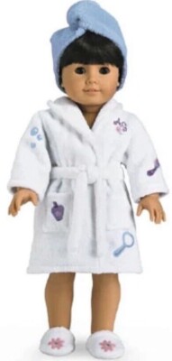 ~American Girl Spa Robe and Slippers~ 2002 White Embroidered Blue Towel  Complete