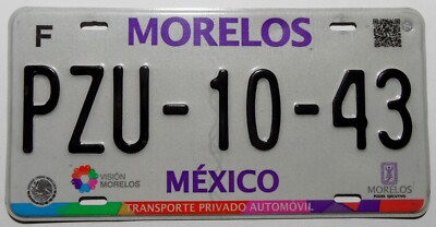 Nummernschild aus Mexico ''Morelos'' mit kleiner Grafik ''PZU''.