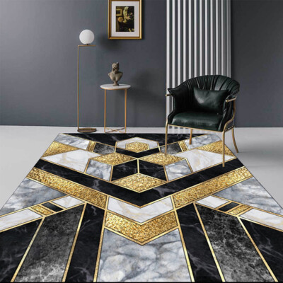 Modern Geometric Abstract Area Rugs Patchwork Marble Texture Black Gold Carpet