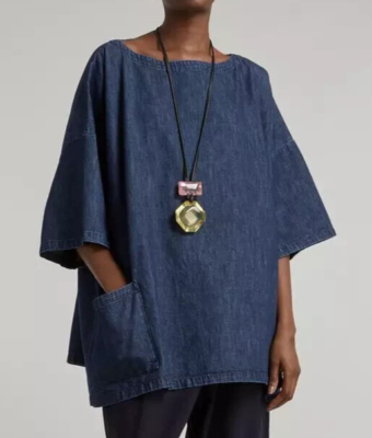 Tunique Longue Eskandar En Jean Foncé - Taille L, Ligne A, Poche, Coton | Occasion Parfait état
