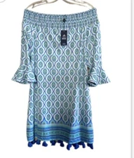CABANA LIFE Charleston Off The Shoulder M Dress Smocked Blue White Tassel NWT