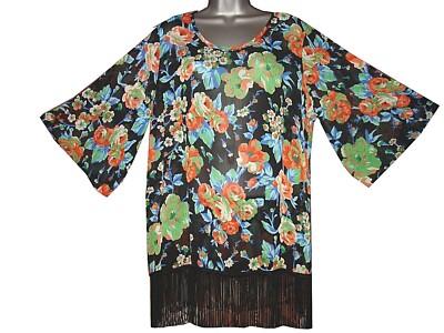 Übergröße 3/4 Ärmel bedruckt Chiffon Fransen Detail locker sitzend Top