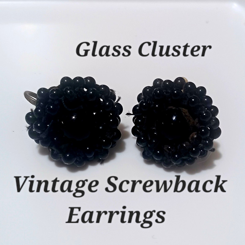 Vintage Retro Black Glass Round Cluster Stud Earrings Screw Back Womens