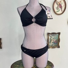 Vintage Y2K Coquette Black Microfibre Bikini Set w/ Ring Details Halter Top