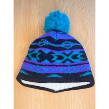 Kids VTG Wigwam 100 Wool Beanie Pom Pom Black Purple Teal Youth Cold Weather