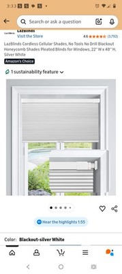 LazBlinds Cordless Cellular Shade, No Tools No Drill White, 22.5x64''