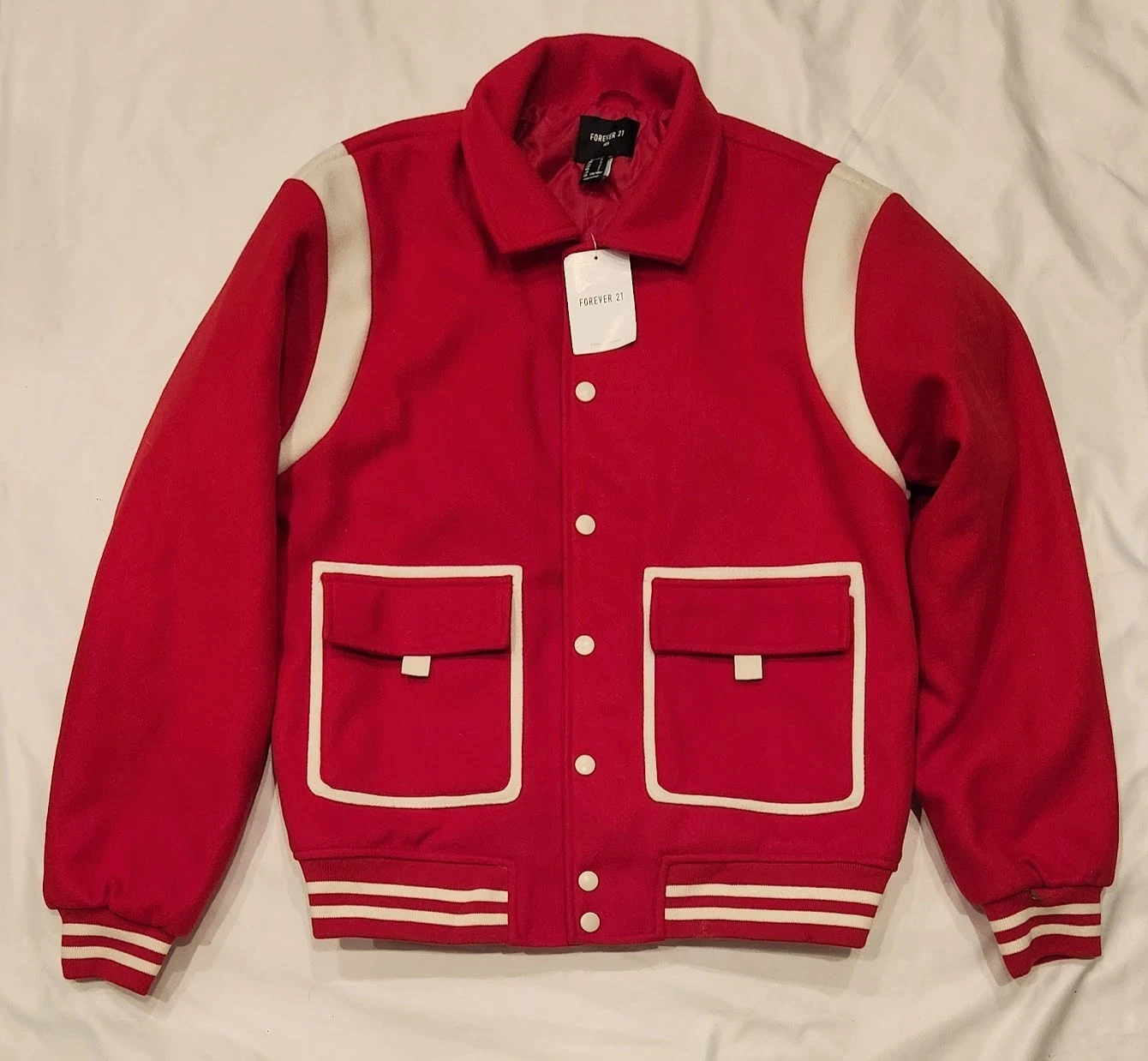 Men's Fleece Bomber Varsity Jacket Full-Snap Red Forever 21 Sz Small