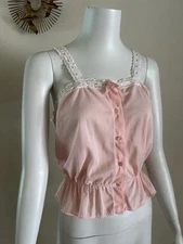 1960s Pembrooke Pink Nylon Camisole Cami Top Nightgown Slip Shirt Lace Bows VTG