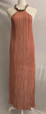 Zara Rose Gold Pleated Halter Maxi Dress with Wooden Bead Detail Grecian Goddess