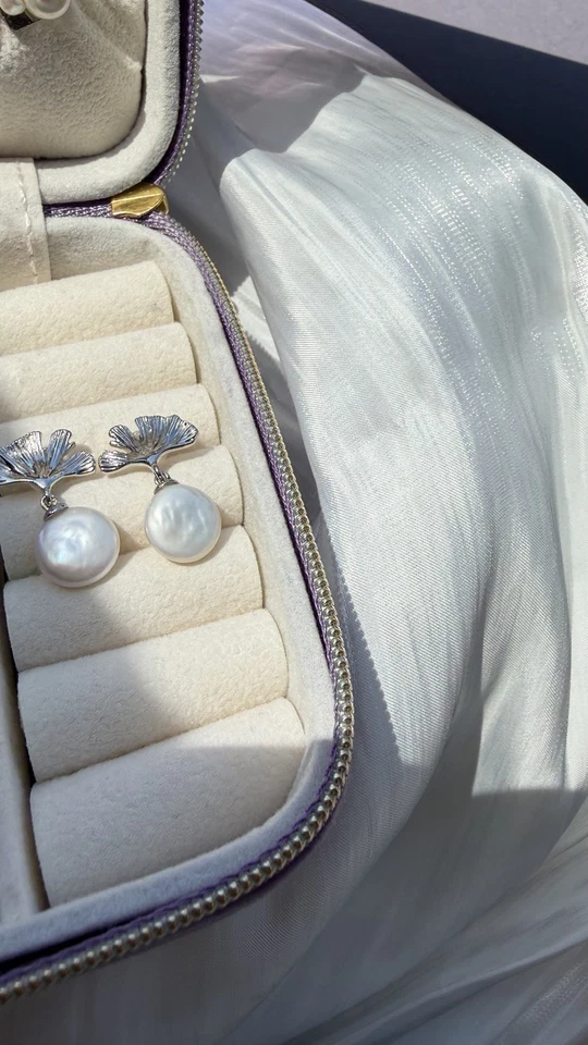Ginko Leaf Sterling Silver Earrings With Natural Freshwater Baroque Pearls - Image 3 of 3