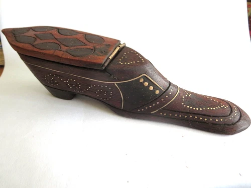 Antique    wooden  snuff box  shape of shoe with pinwork decor