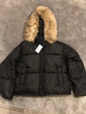 Ladies Uk18 Golddigga Crop Bomber Jacket Black Coat Faux Fur Hood. Full Zip.