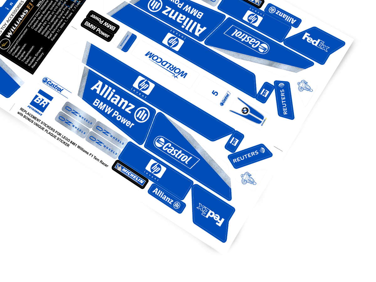 CUSTOM STICKERS for TOY SET 8461 Williams F1 Team Racer TOYS