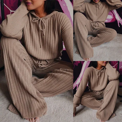 Outfits zweiteiliges Set Freizeitanzug Damenanzug Strickpyjama süß einfarbig mit Kapuze - Bild 11 von 22