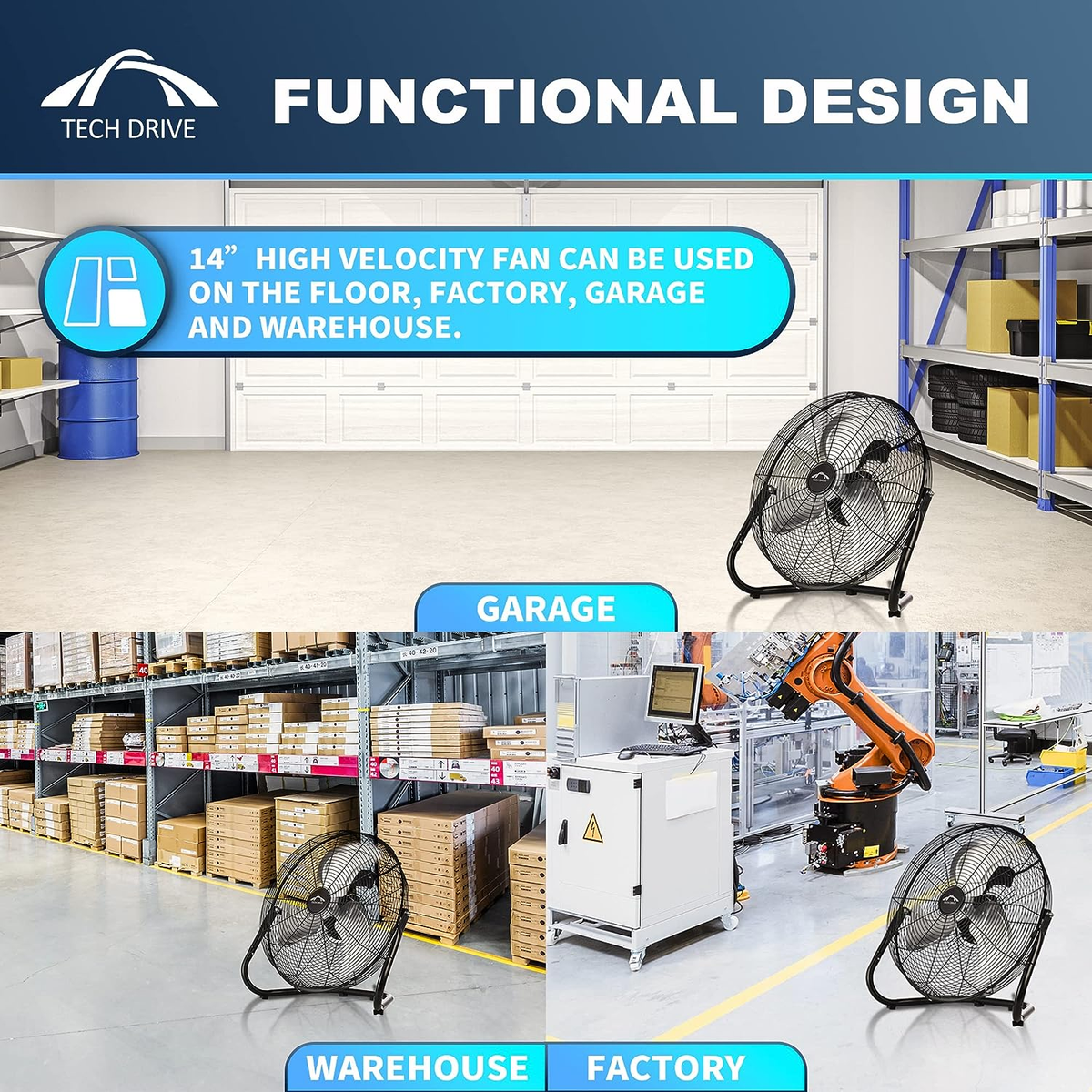 Workforce Fan 3 Speed 14 Inch Heavy Duty Industrial Floor Fan - 3 Speed, 2100 CFM ...