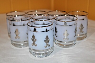 8 Vintage Libbey Fleur De Lis Silver Frosted 2 1/4'' Diameter Glasses MCM