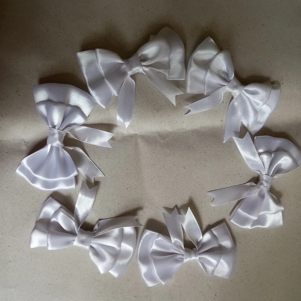 White 3 inch Satin Ribbon Double Bows 50pcs Ready Made Craft Party Clothes - Image 2 of 4