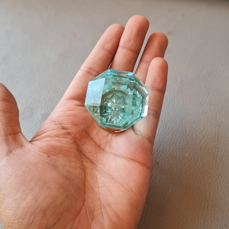 vtg aqua blue victorian diamond cut glass drawer knob handle pull 1.6" set 2PC - Image 3 of 4