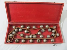Vintage 30 Sleigh Bells on 88" Long Strap w/ Buckle & Old Wood Box FREE SHIPPING