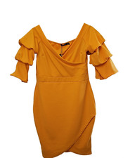 BOOHOO size 16 orange dress wrap bodycon tulip hem tiered sleeves New NWT