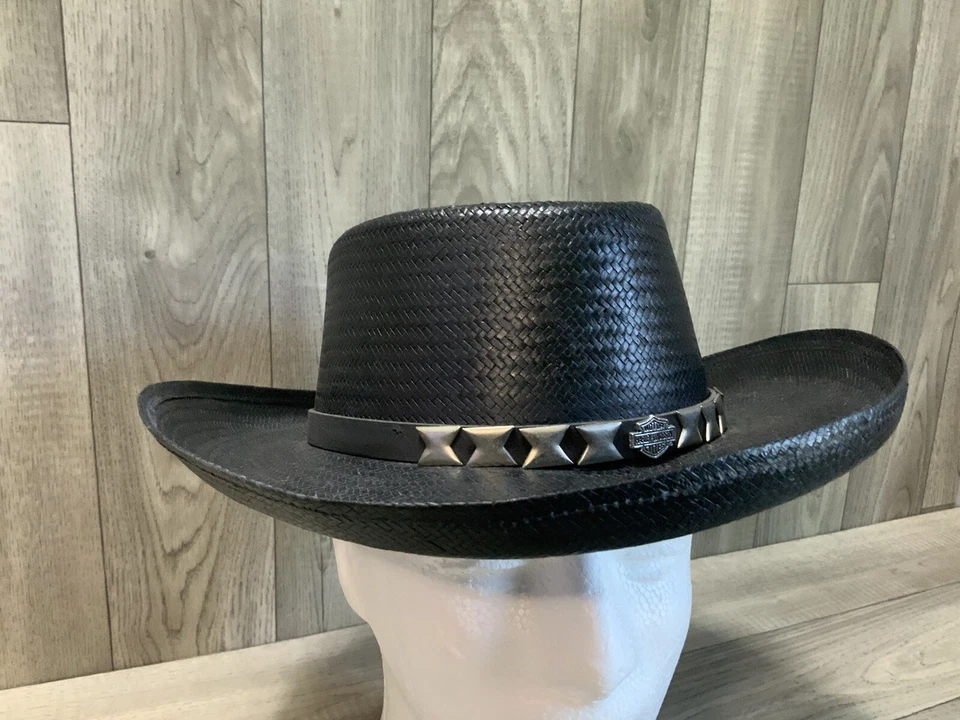 Sombrero de Vaquero Harley Davidson Talla Pequeña Logo Paja Tachonado Banda Hecho en EE. UU. Foto 3 de 4