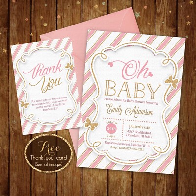 Pink, White and Glitter Gold Baby Shower Invitation Printable