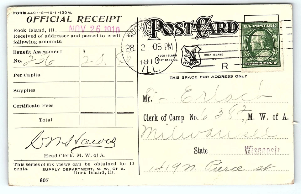 1910 MWA ROCK ISLAND NATIONAL CEMETARY ROCK ISLAND ARSENAL RECEIP POSTCARD P3178 - Image 2 of 2