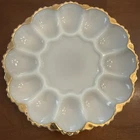 Vintage Anchor Hocking White Milk Glass Deviled Egg Plate Gold Trim 10" Easter