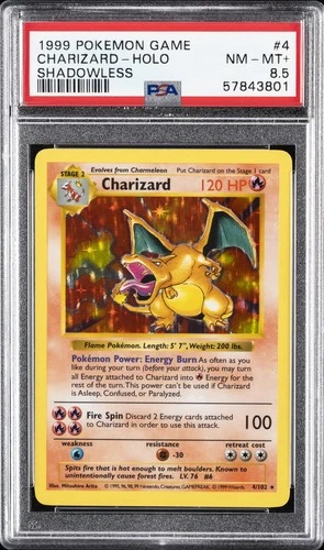 1999 POKEMON BASE SET SHADOWLESS #4 CHARIZARD-HOLO PSA 8.5
