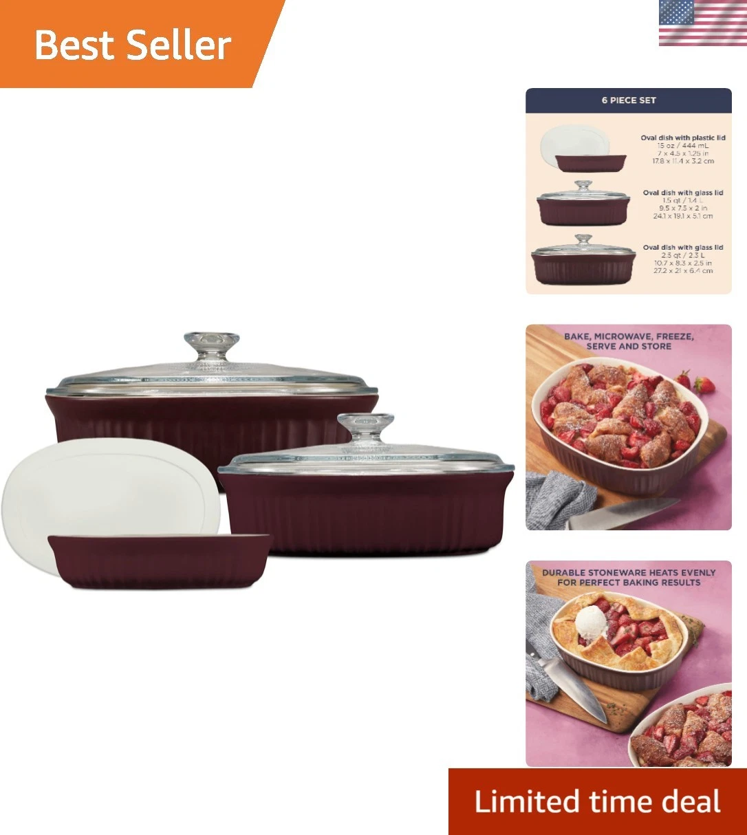 Durable 6-Piece Bakeware Set with Lids - Crack Resistant, Easy Clean Design
