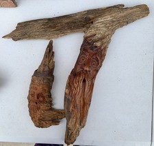 Lot Of 2 Wood Hand Carved Tree Old Man Spirit Faces Folk Art