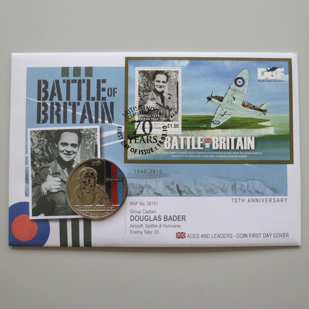 2010 The Battle of Britain 70th Anniversary Douglas Bader £5 Coin Cover - BIOT PNC First Day Covers