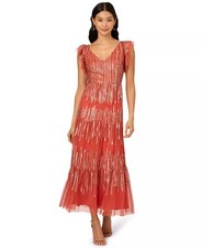 Adrianna Papell Women's Beaded Mesh Tiered Dress Amber Size 12 299