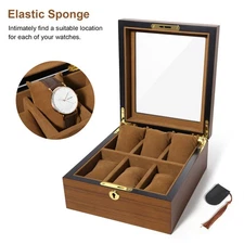 6-Slot Wooden Brown Bark Watch Box w/Key,Glass Display Window,Silk Pillow,Unisex