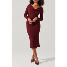 New ASTR The Label Textured Knot-Front Off-The-Shoulder Long-Sleeve Midi Dress