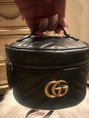 Authentic Gucci Marmont GG Black Leather Vanity Bag With Strap
