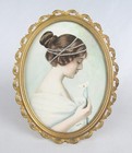 Antique Original Watercolor Art Deco Lady Holding Lily Oval Framed Portrait — photo 1