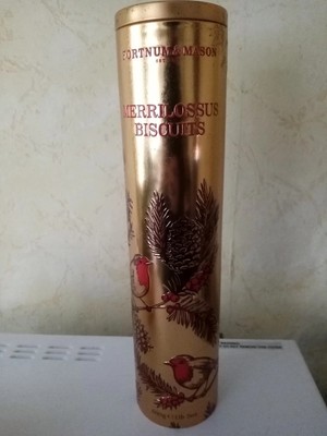 Blechdose Fortnum & Mason leer /Keksbehälter in festlichem Gold & Rot-Merrilossus