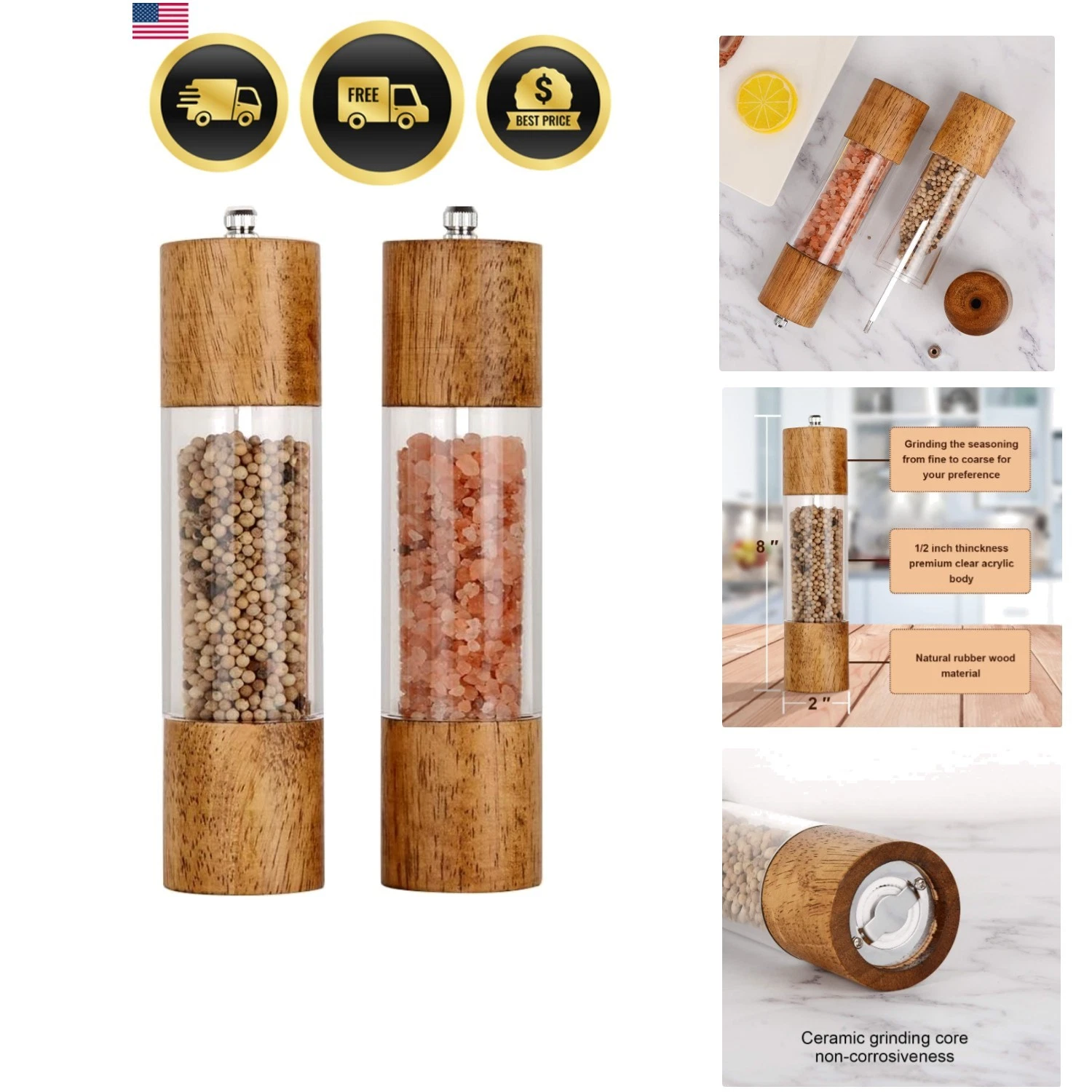 Acrylic Salt and Pepper Grinder Set, Manual Salt and Pepper Mills- Wooden Sha...