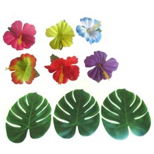 54PCS Tropical Decor Tropical Palm Leaves Hibiscus Flowers Simulation Leaf New