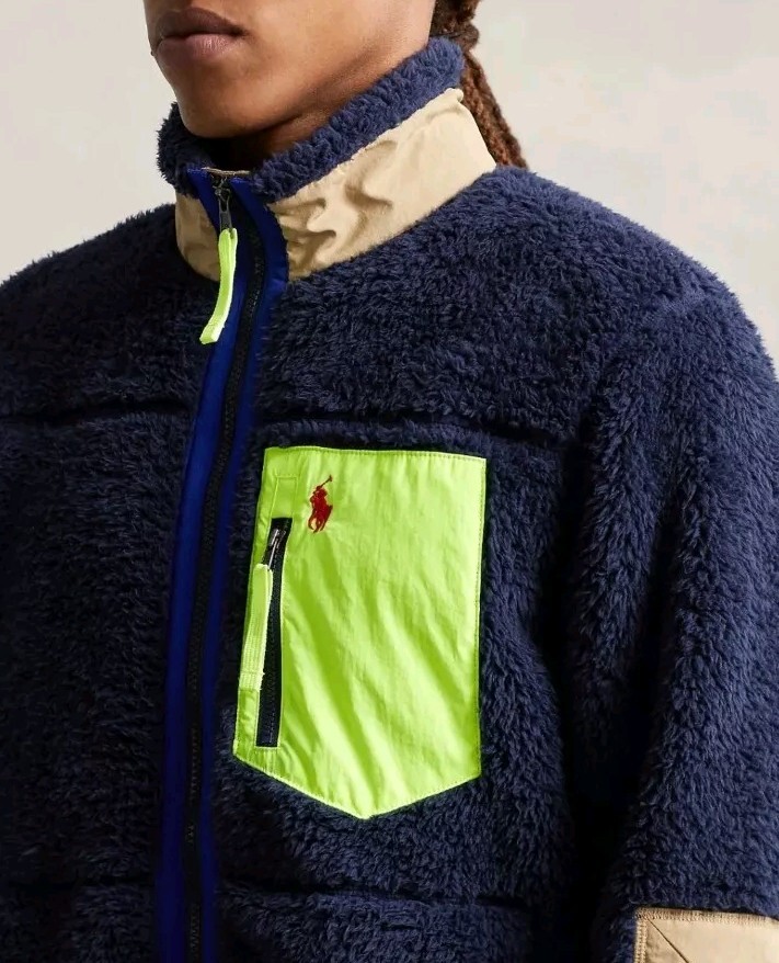 Polo Ralph Lauren Men Full-Zip Navy Neon Yellow Hybrid Plush