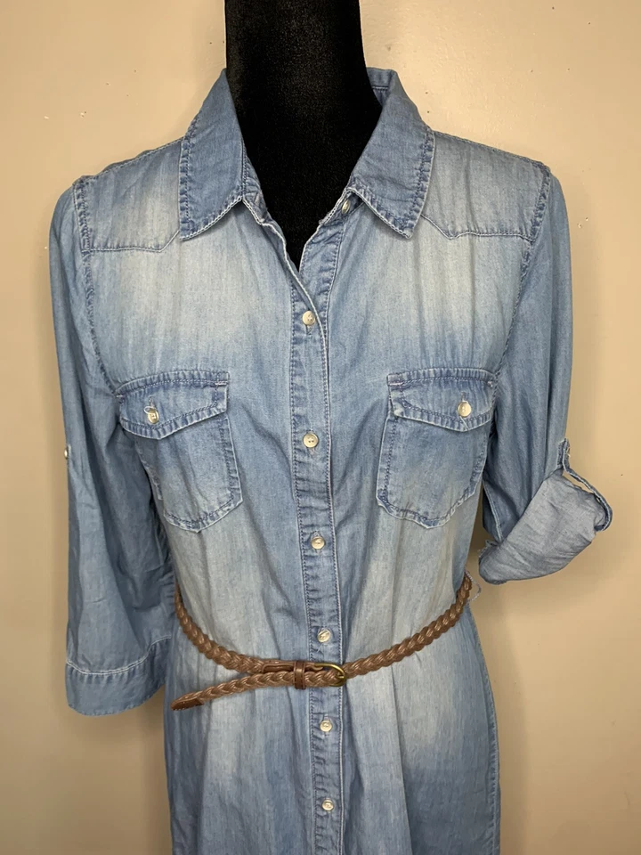 NUEVO CON ETIQUETAS Vestido Camisa Jean Denim Azul Claro Manga Trapo Americano Utilitario Para Mujer M Foto 2 de 4