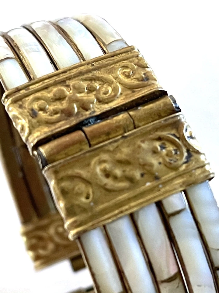 Mother Of Pearl Brass Hinged Bangle  India  Bohemian Tribal Ethnic 70s Bohemian - Image 2 of 4