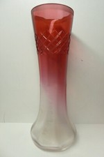 VINTAGE RUBY RED CRANBERRY GLASS VASE CUT DIAMOND TOP AND RIBBED BASE 