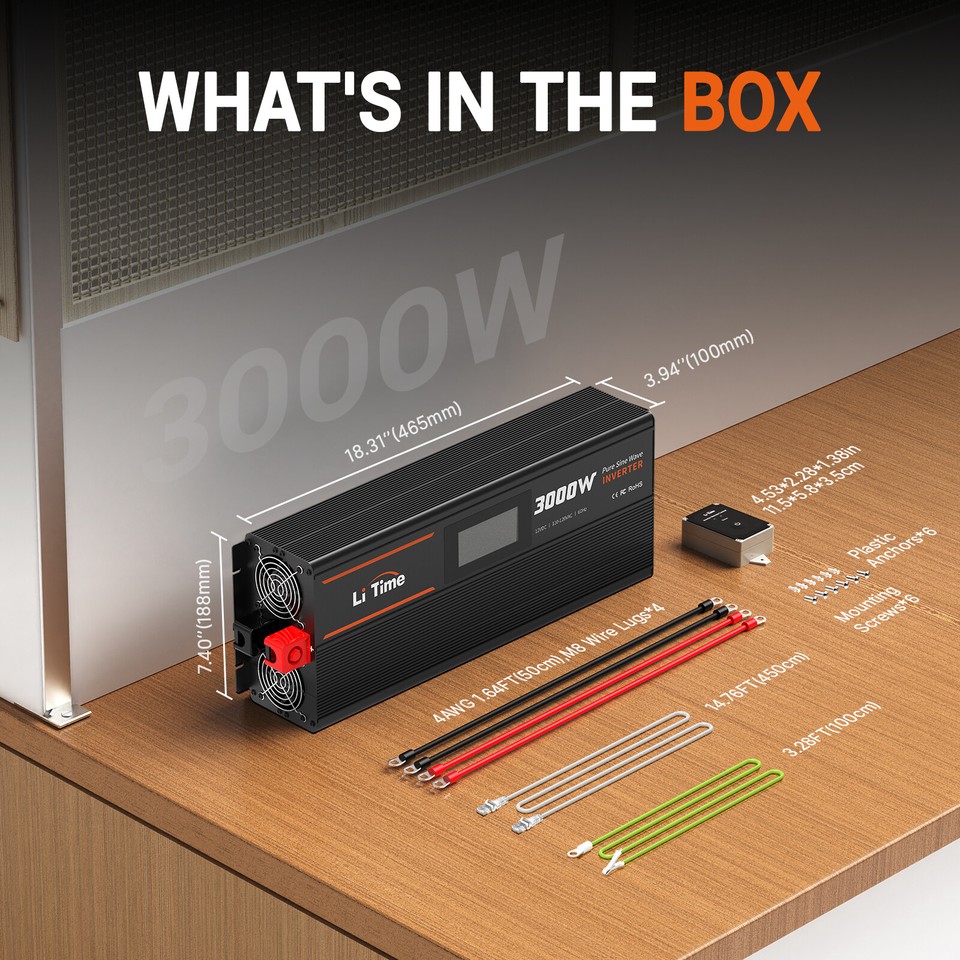 LiTime 3000W Pure Sine Wave Inverter 12V DC to 120V AC Converter Remote ...