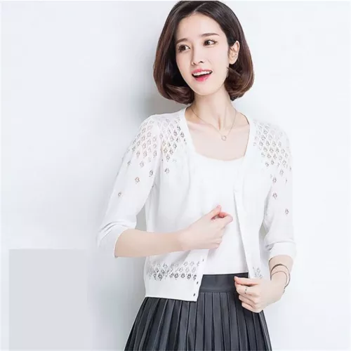 Damen Strick Pullover 3/4 Ärmel Shrugs V-Ausschnitt Button Down Cardigan Crop Tops Gr. - Bild 21 von 22