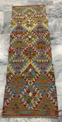 Afghanische Handarbeit Geometrisch Azteken Mehrfarbig Wolle Kelim Flur Teppich Läufer 59x196cm