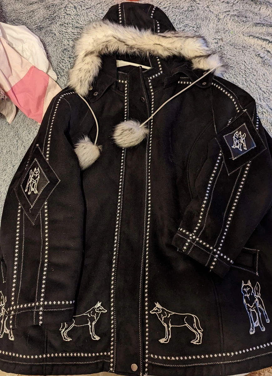 Ameri Mode Parka Wolf Animal Design Faux Fur Trim Hood Black