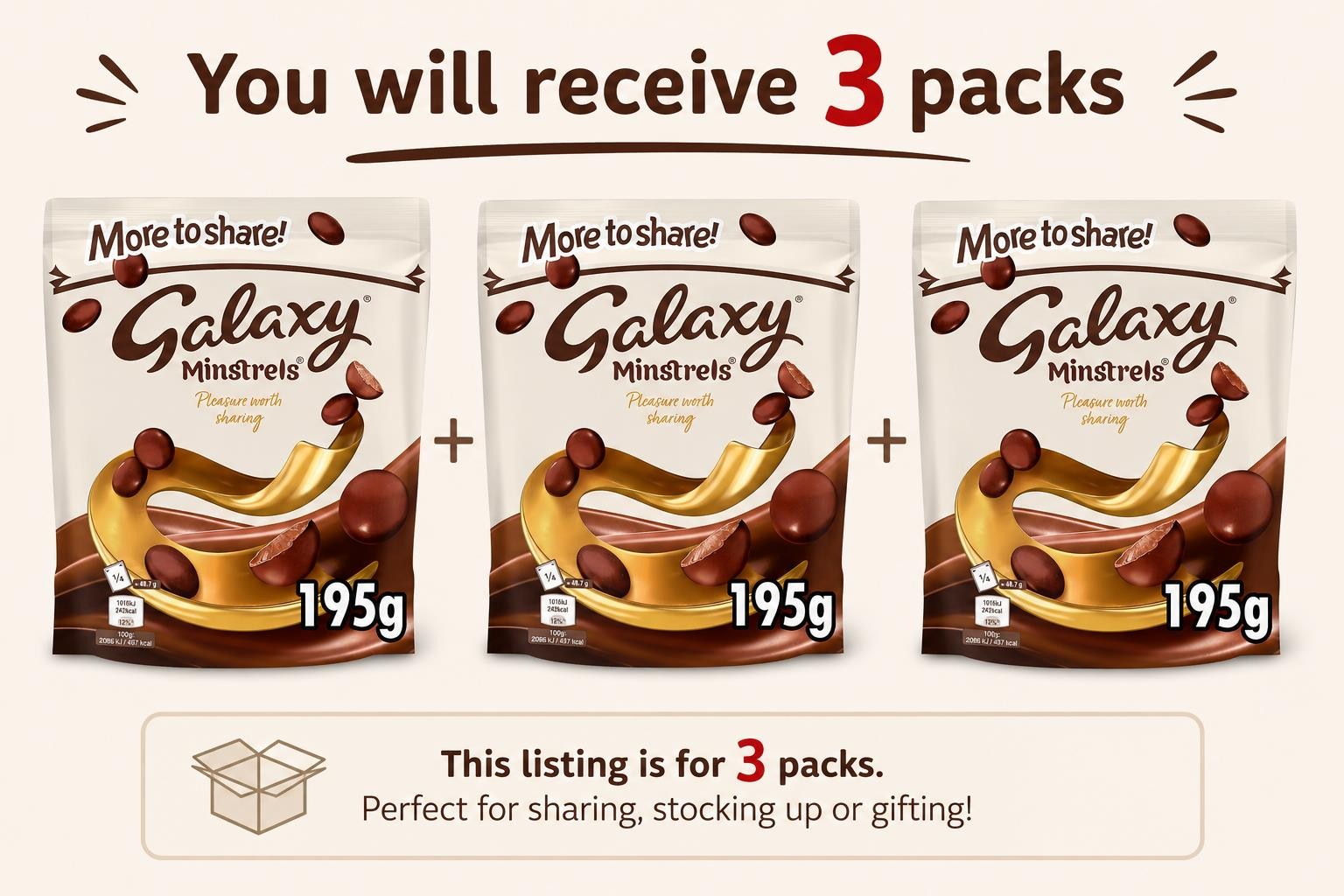 3 packs of Galaxy Minstrels Chocolate Pouch Bags 195g Milk Chocolate