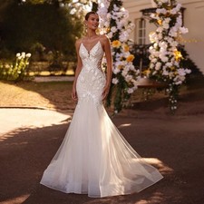 V-Neck Mermaid Wedding Dresses Backless Tulle Appliques Embroidery Sweetheart